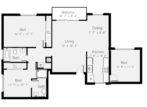 Floor plan for 3 beds, 2 baths, 1083 sqft
